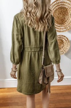 Hot Dear-Lover Textured Bracelet Sleeve Collared Button Up Dual Tied Mini Dress Jungle Green