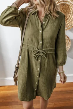 Hot Dear-Lover Textured Bracelet Sleeve Collared Button Up Dual Tied Mini Dress Jungle Green