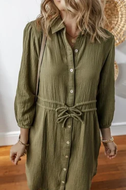 Hot Dear-Lover Textured Bracelet Sleeve Collared Button Up Dual Tied Mini Dress Jungle Green