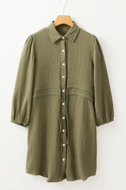 Hot Dear-Lover Textured Bracelet Sleeve Collared Button Up Dual Tied Mini Dress Jungle Green