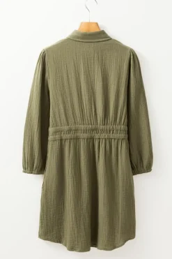 Hot Dear-Lover Textured Bracelet Sleeve Collared Button Up Dual Tied Mini Dress Jungle Green