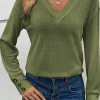 Clearance Dear-Lover Textured Knit V Neck Button Cuffs Long Sleeve Top Jungle Green