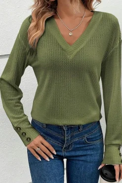 Clearance Dear-Lover Textured Knit V Neck Button Cuffs Long Sleeve Top Jungle Green