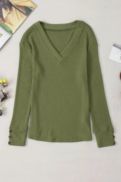 Clearance Dear-Lover Textured Knit V Neck Button Cuffs Long Sleeve Top Jungle Green