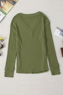 Clearance Dear-Lover Textured Knit V Neck Button Cuffs Long Sleeve Top Jungle Green