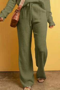 Sale Dear-Lover Textured Loose Fit Drawstring High Waist Pants Jungle Green