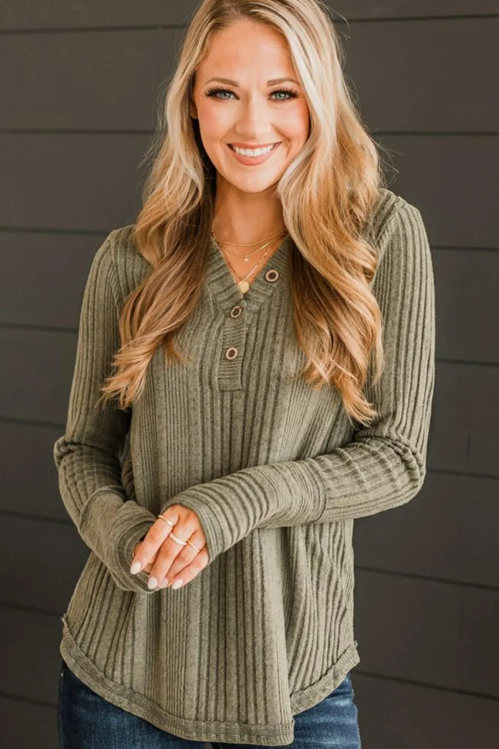 Outlet Dear-Lover V Neck Buttoned Ribbed Knit Top Jungle Green