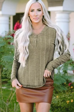 Outlet Dear-Lover V Neck Buttoned Ribbed Knit Top Jungle Green