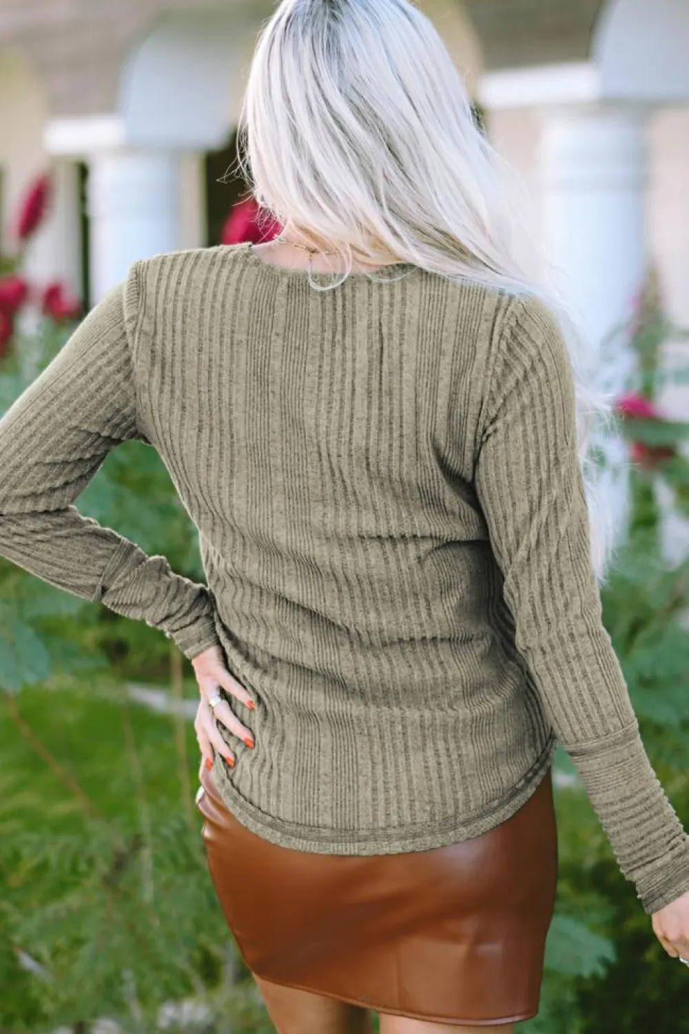 Outlet Dear-Lover V Neck Buttoned Ribbed Knit Top Jungle Green