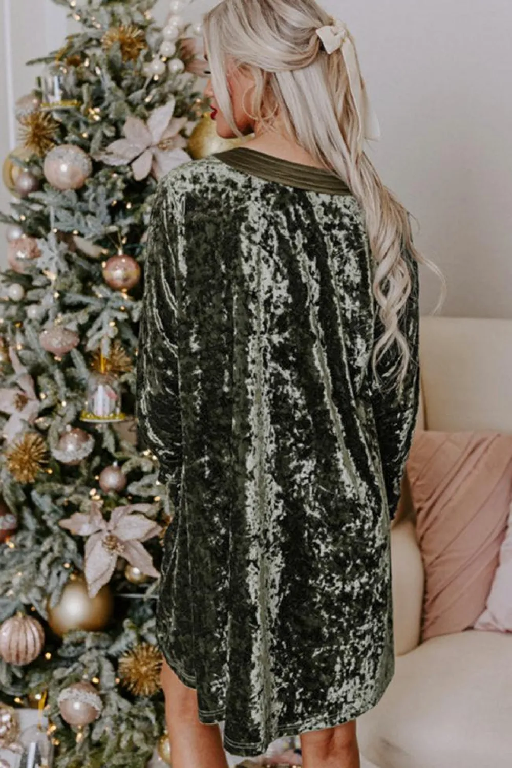 Online Dear-Lover Velvet Long Sleeve V Neck Loose Dress with Pockets Jungle Green