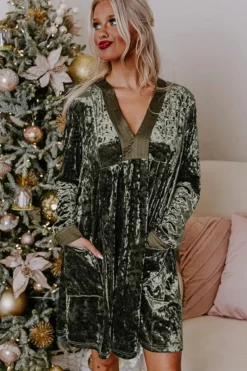 Online Dear-Lover Velvet Long Sleeve V Neck Loose Dress with Pockets Jungle Green