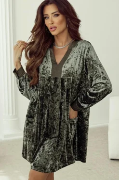 Online Dear-Lover Velvet Long Sleeve V Neck Loose Dress with Pockets Jungle Green