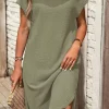 Online Dear-Lover Waffle Texture Curved Hem Side Slit T-shirt Dress Jungle Green