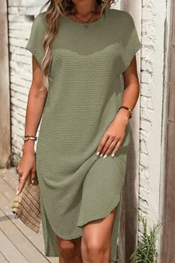 Online Dear-Lover Waffle Texture Curved Hem Side Slit T-shirt Dress Jungle Green