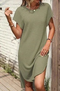 Online Dear-Lover Waffle Texture Curved Hem Side Slit T-shirt Dress Jungle Green