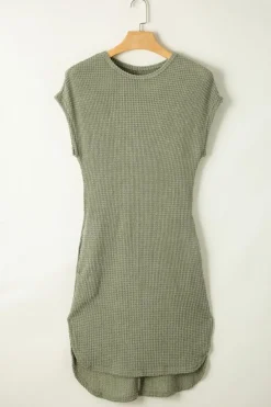Online Dear-Lover Waffle Texture Curved Hem Side Slit T-shirt Dress Jungle Green