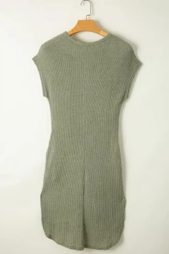 Online Dear-Lover Waffle Texture Curved Hem Side Slit T-shirt Dress Jungle Green
