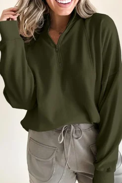 Hot Dear-Lover Zipped Neck Pullover Drop Shoulder Sweatshirt Jungle Green