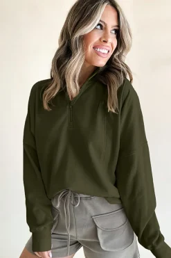 Hot Dear-Lover Zipped Neck Pullover Drop Shoulder Sweatshirt Jungle Green