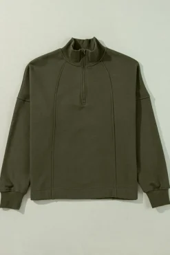 Hot Dear-Lover Zipped Neck Pullover Drop Shoulder Sweatshirt Jungle Green