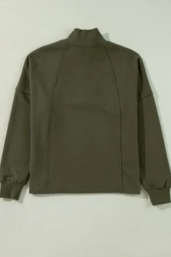 Hot Dear-Lover Zipped Neck Pullover Drop Shoulder Sweatshirt Jungle Green