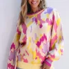 Best Dear-Lover Abstract Print Colorblock Balloon Sleeve Sweater Khaki
