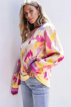 Best Dear-Lover Abstract Print Colorblock Balloon Sleeve Sweater Khaki