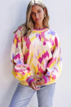 Best Dear-Lover Abstract Print Colorblock Balloon Sleeve Sweater Khaki