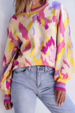 Best Dear-Lover Abstract Print Colorblock Balloon Sleeve Sweater Khaki