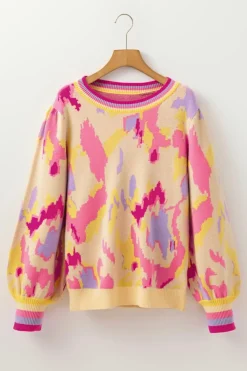 Best Dear-Lover Abstract Print Colorblock Balloon Sleeve Sweater Khaki