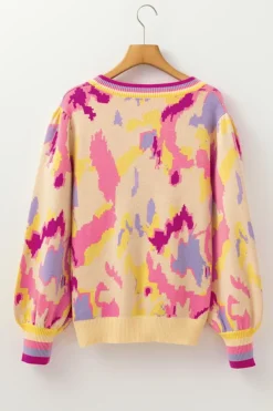 Best Dear-Lover Abstract Print Colorblock Balloon Sleeve Sweater Khaki