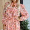 New Dear-Lover Abstract Printed Long Sleeve Tied Neckline Mini Dress Khaki