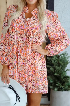 New Dear-Lover Abstract Printed Long Sleeve Tied Neckline Mini Dress Khaki