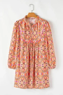 New Dear-Lover Abstract Printed Long Sleeve Tied Neckline Mini Dress Khaki