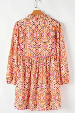 New Dear-Lover Abstract Printed Long Sleeve Tied Neckline Mini Dress Khaki