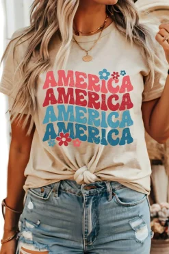 Best Dear-Lover AMERICA Letter Floral Print T Shirt Khaki