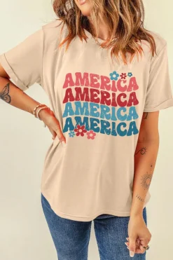 Best Dear-Lover AMERICA Letter Floral Print T Shirt Khaki