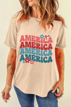 Best Dear-Lover AMERICA Letter Floral Print T Shirt Khaki