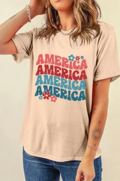 Best Dear-Lover AMERICA Letter Floral Print T Shirt Khaki