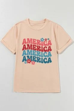 Best Dear-Lover AMERICA Letter Floral Print T Shirt Khaki