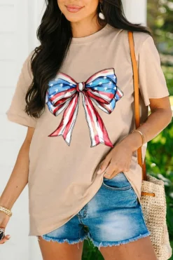 Best Dear-Lover American Flag Bow Knot Print Round Neck T Shirt Khaki