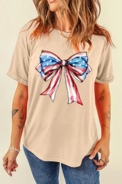Best Dear-Lover American Flag Bow Knot Print Round Neck T Shirt Khaki
