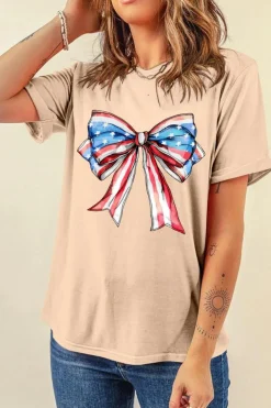 Best Dear-Lover American Flag Bow Knot Print Round Neck T Shirt Khaki