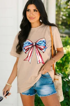 Best Dear-Lover American Flag Bow Knot Print Round Neck T Shirt Khaki