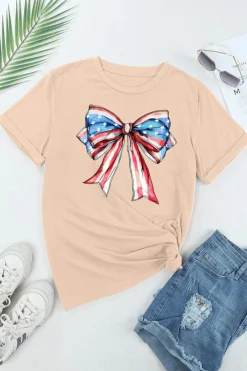 Best Dear-Lover American Flag Bow Knot Print Round Neck T Shirt Khaki