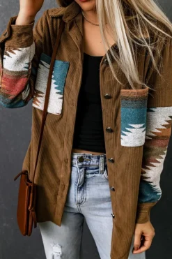 Hot Dear-Lover Aztec Pattern Corduroy Shacket Khaki