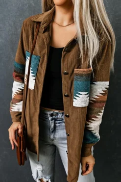 Hot Dear-Lover Aztec Pattern Corduroy Shacket Khaki