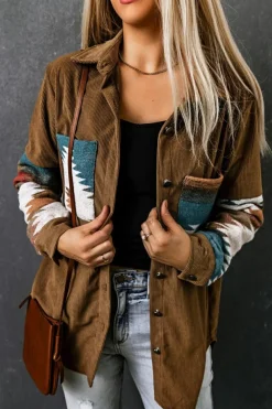 Hot Dear-Lover Aztec Pattern Corduroy Shacket Khaki