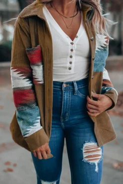 Hot Dear-Lover Aztec Pattern Corduroy Shacket Khaki