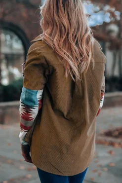 Hot Dear-Lover Aztec Pattern Corduroy Shacket Khaki